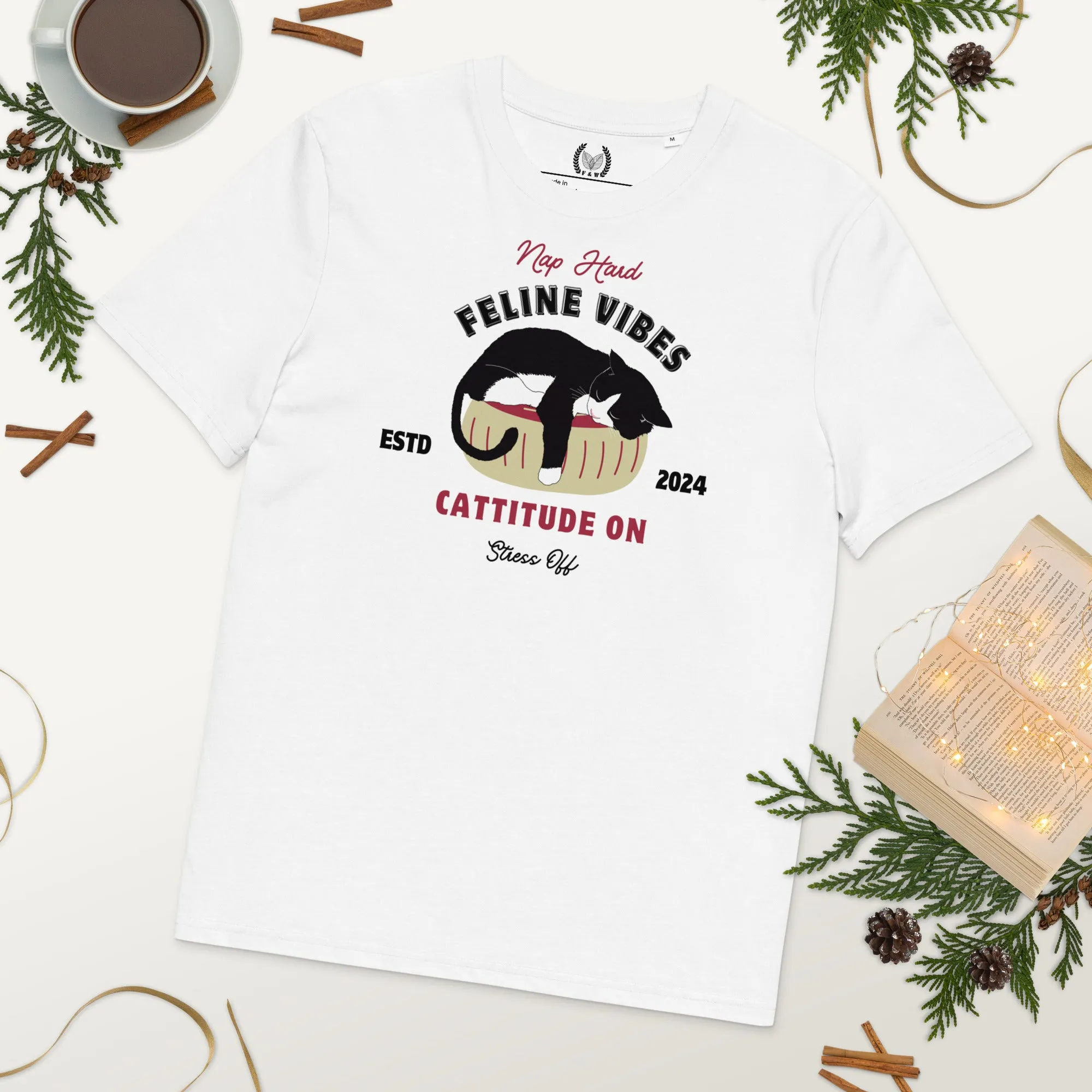 100% Vintage Cat Design Vegan T-Shirt - Cattitude On, Stress Off