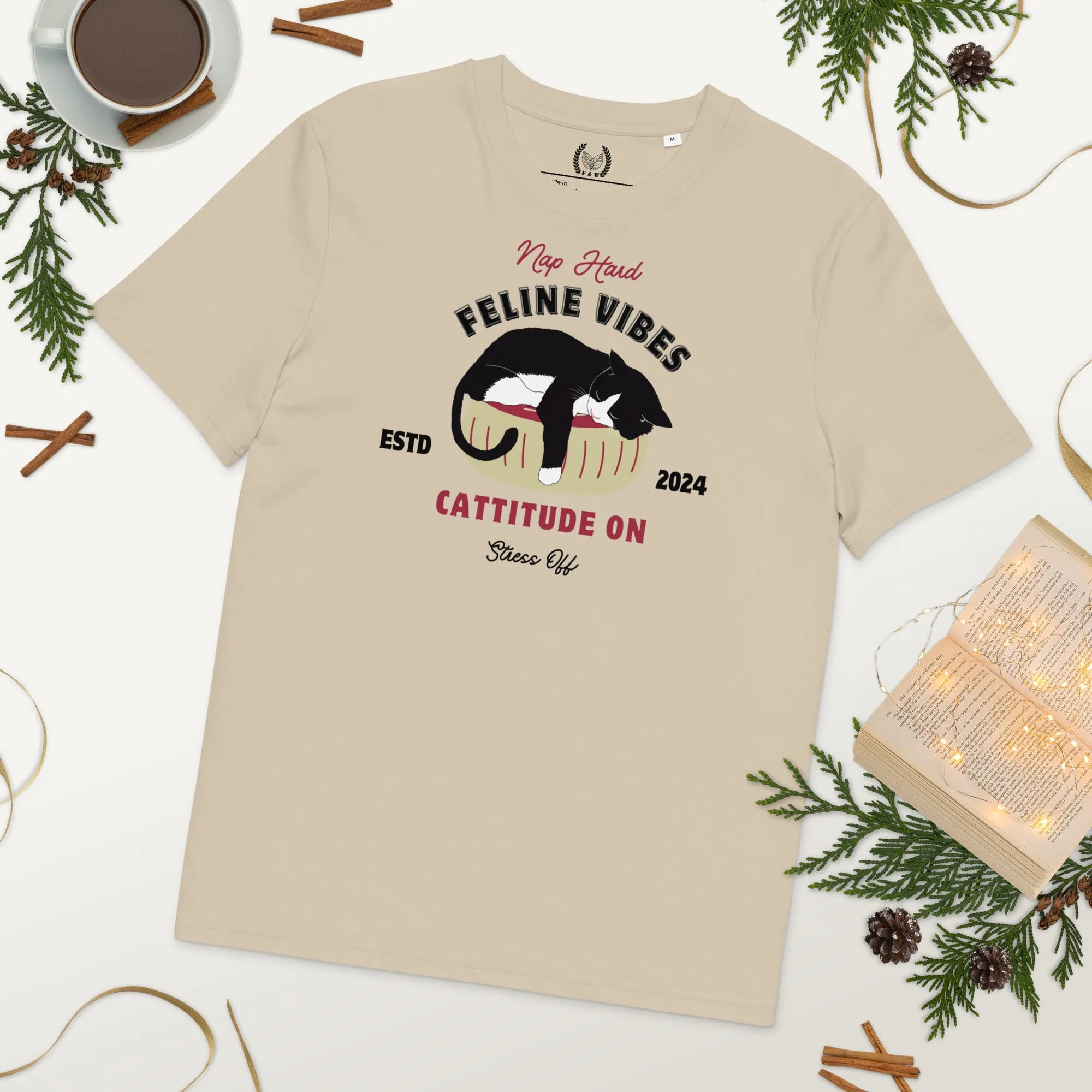 100% Vintage Cat Design Vegan T-Shirt - Cattitude On, Stress Off