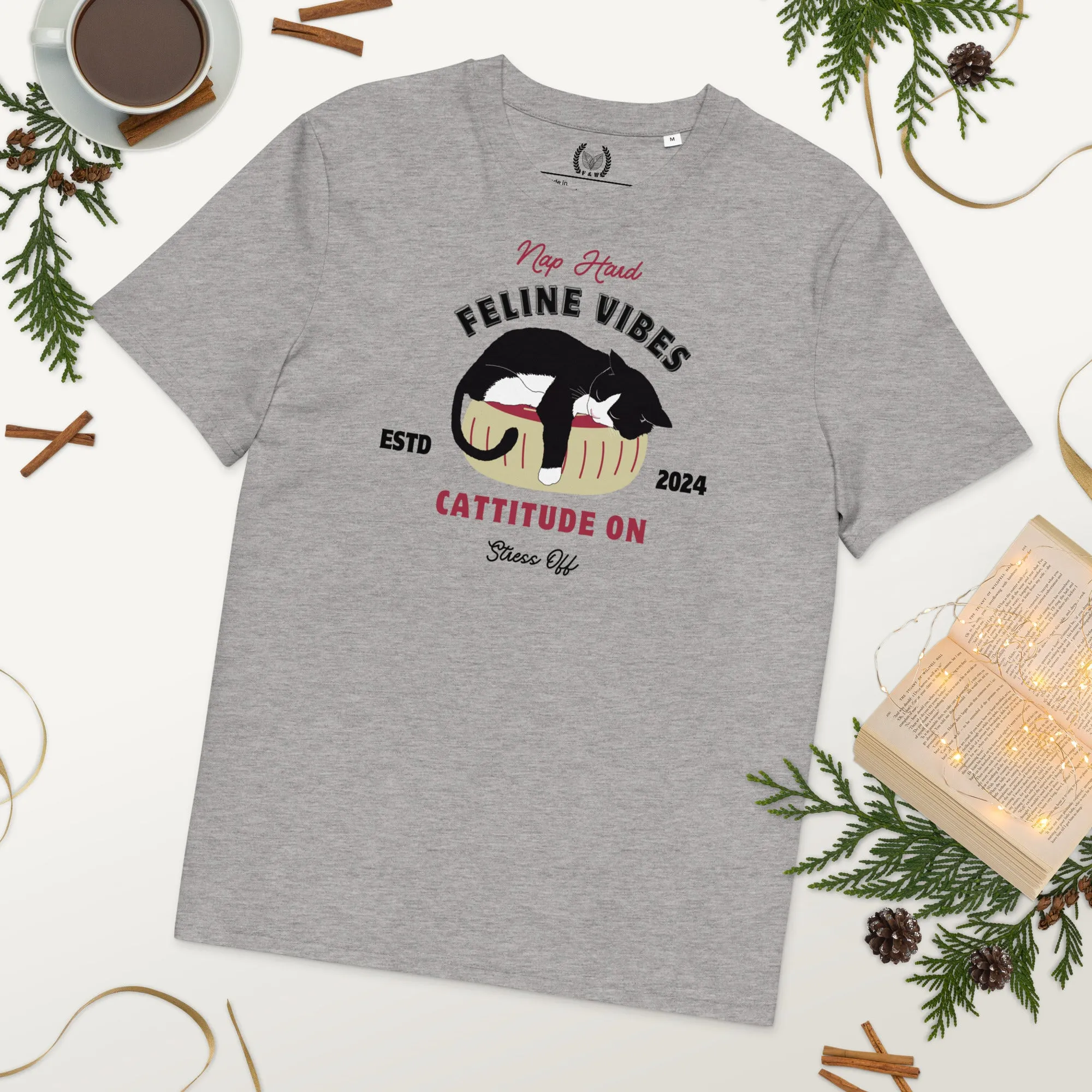 100% Vintage Cat Design Vegan T-Shirt - Cattitude On, Stress Off