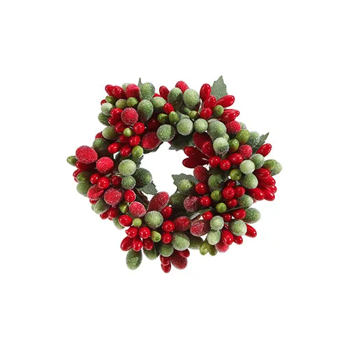 3.5" Beaded Berry And Crystal Candle Ring - Red and green