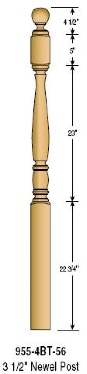 955-4BT-56 - Classic Ball Top Newel - 3-1/2" Square x 56"