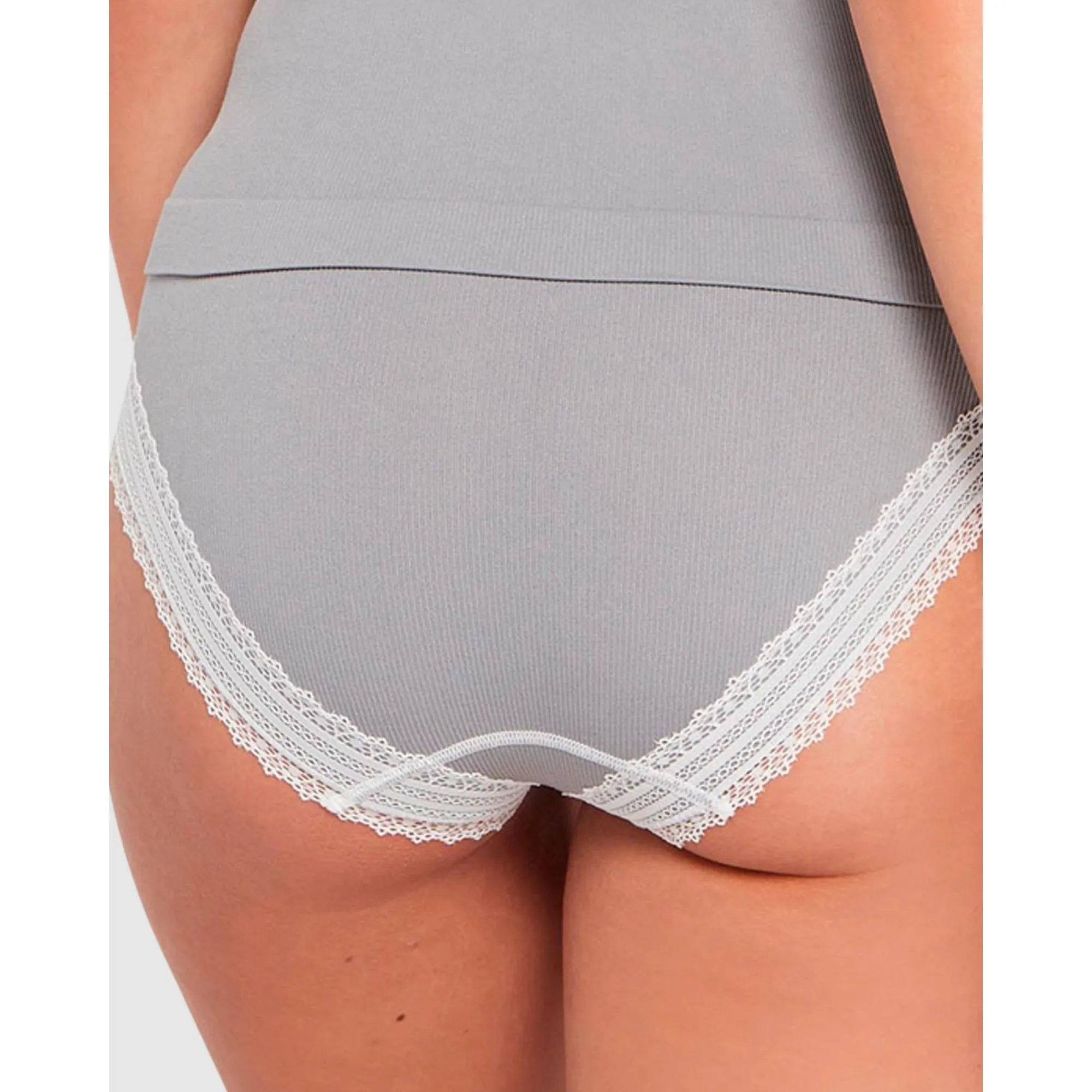 Agathe Ribbed Lace Trim Classic Brief-Grey&Ivory