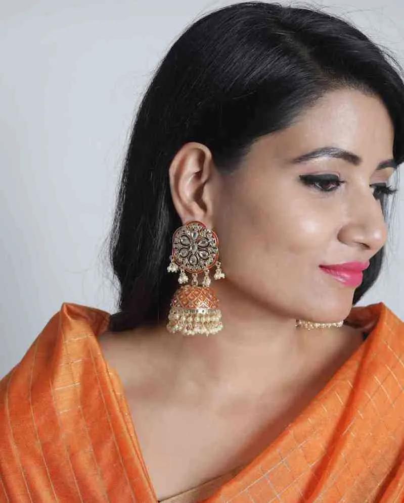 Anushka Sharma Inspired Hand Crafted Meenakari Stunning Kundan Orange Jhumki