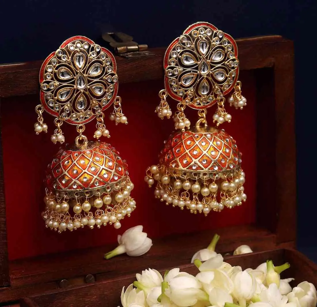 Anushka Sharma Inspired Hand Crafted Meenakari Stunning Kundan Orange Jhumki