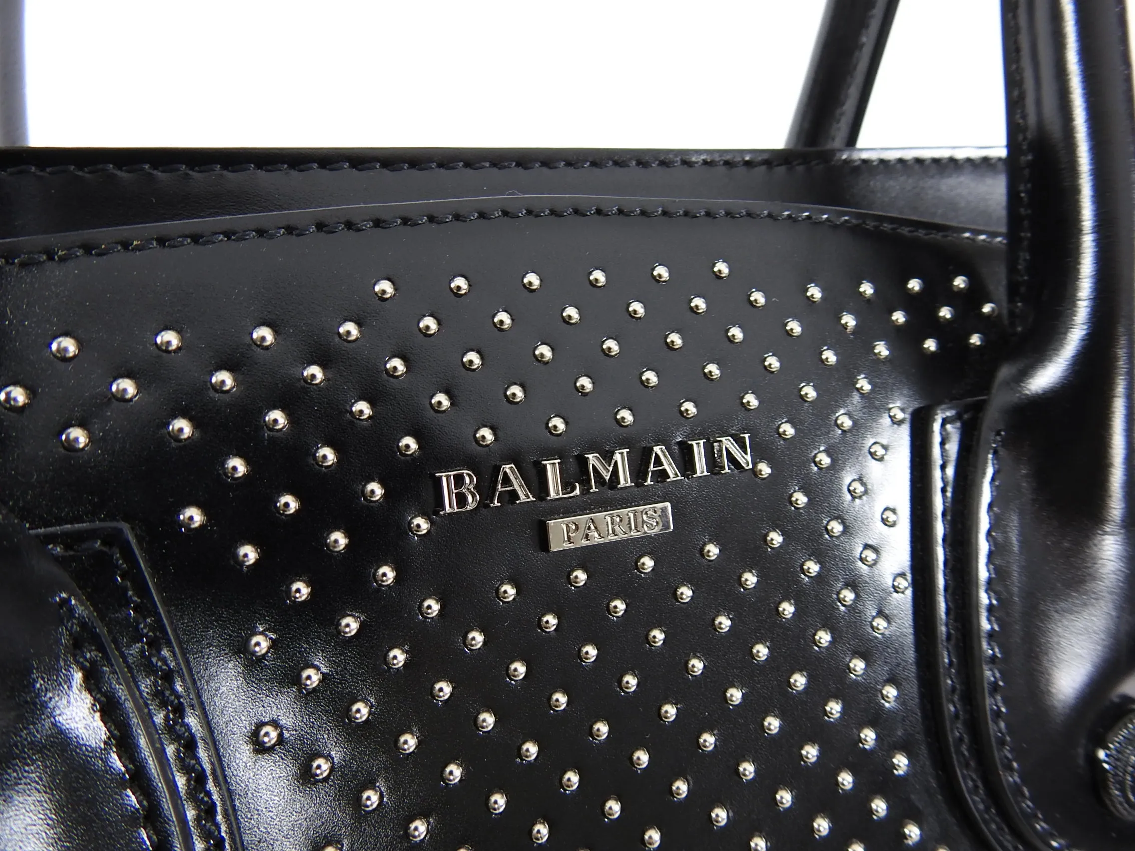 Balmain Black Stud Leather Top Handle Satchel Bag