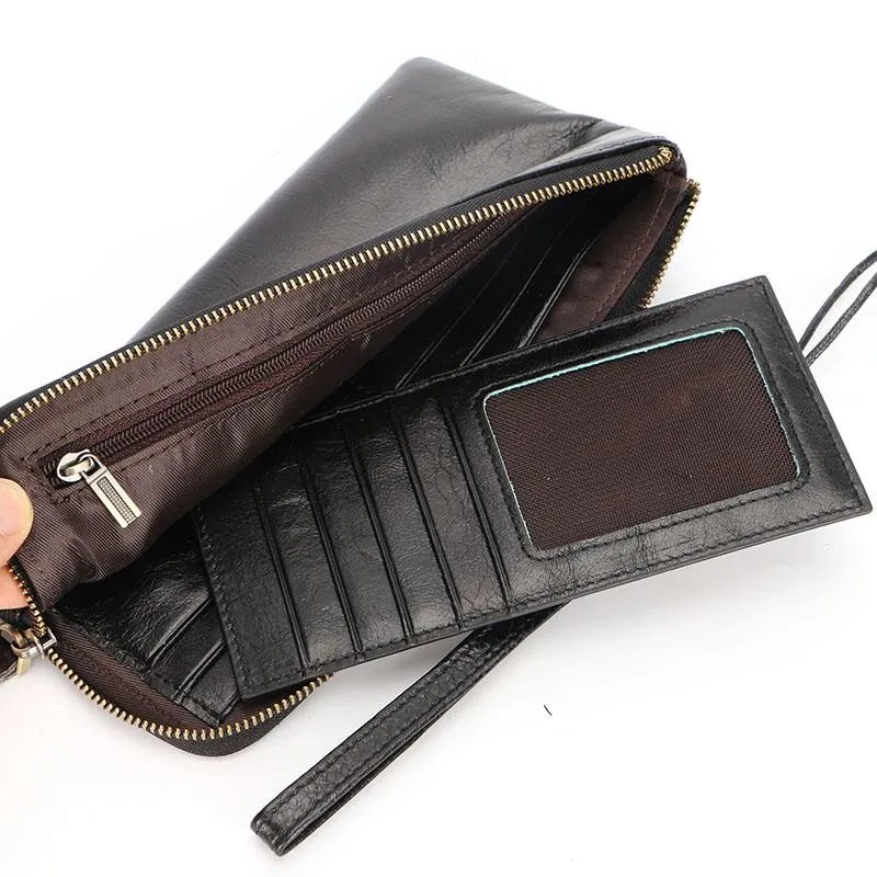 Black Leather Mens Long Wallet Zipper Clutch Wallet Brown Wristlet Long Wallet For Men