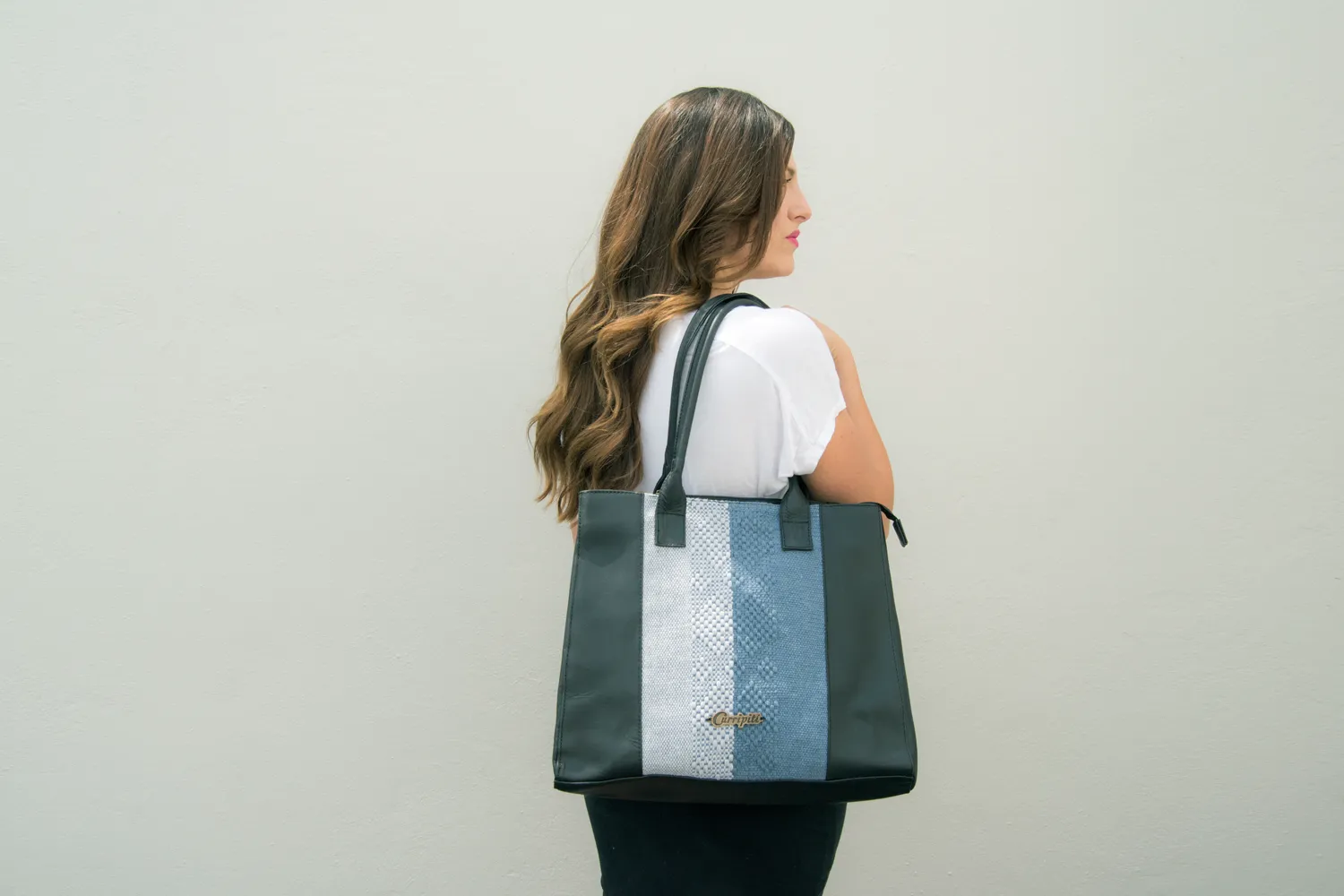 Black Leather Tote Bag with Blue Stripe