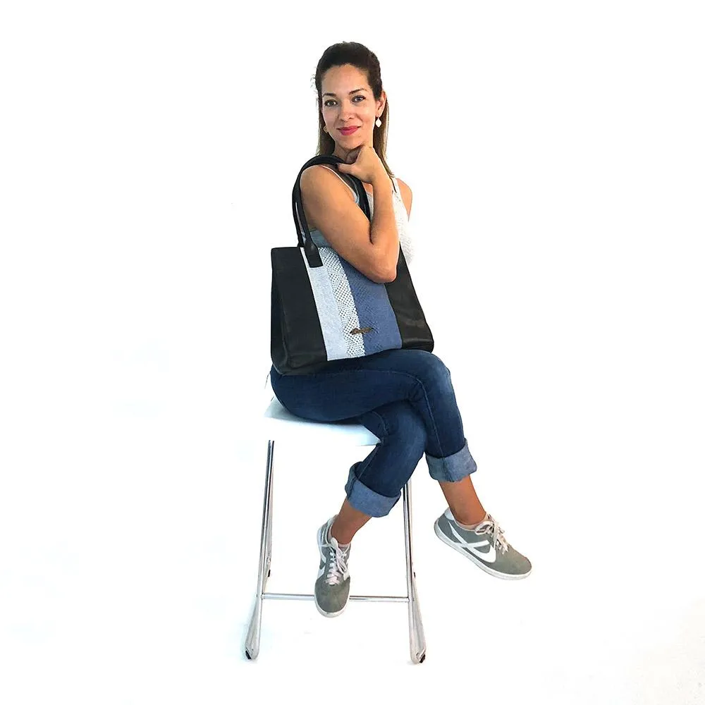 Black Leather Tote Bag with Blue Stripe