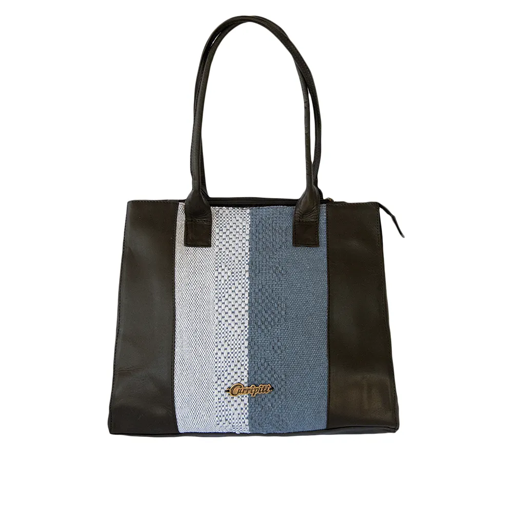 Black Leather Tote Bag with Blue Stripe