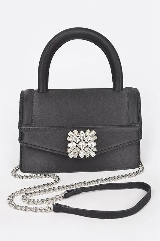 Black Satin Stone Buckle Top Handle Bag