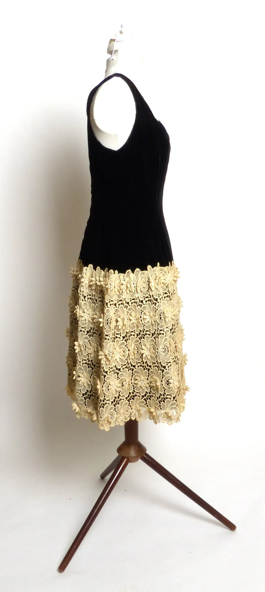 Circa 1950 Black Silk Velvet Dress with Crocheted Skirt