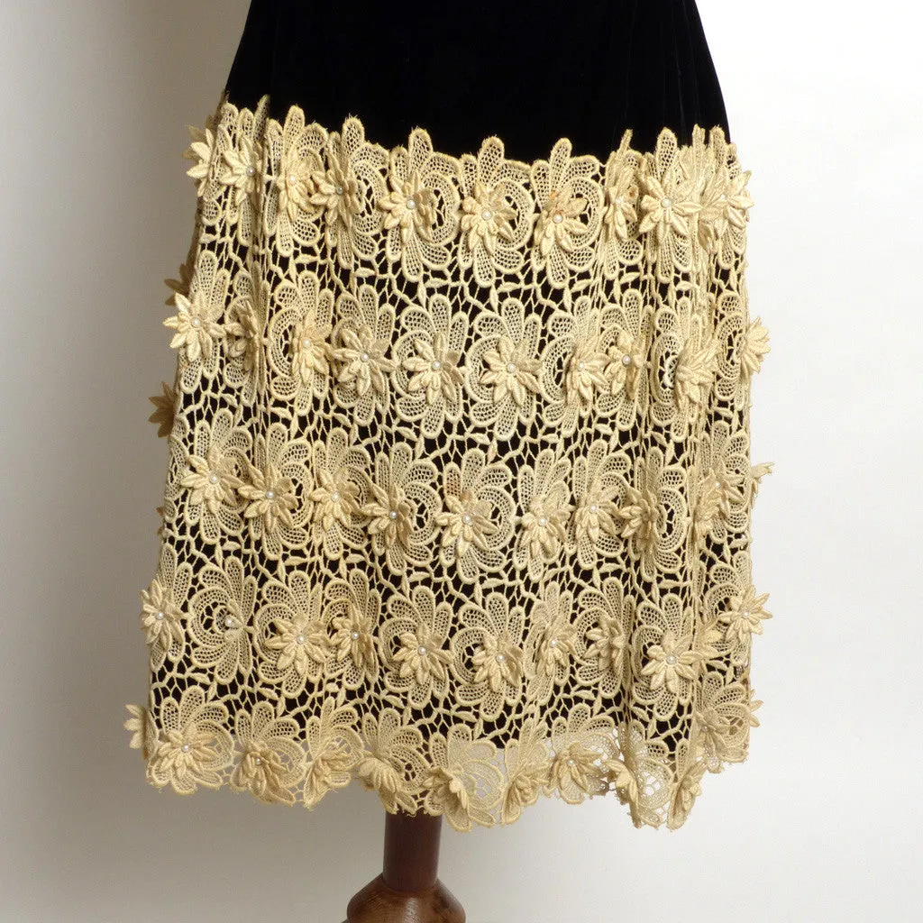 Circa 1950 Black Silk Velvet Dress with Crocheted Skirt