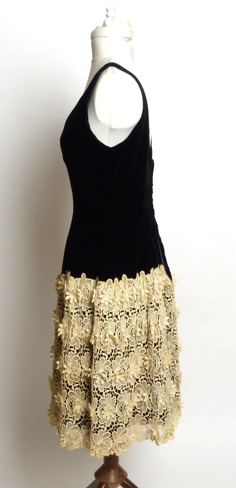 Circa 1950 Black Silk Velvet Dress with Crocheted Skirt