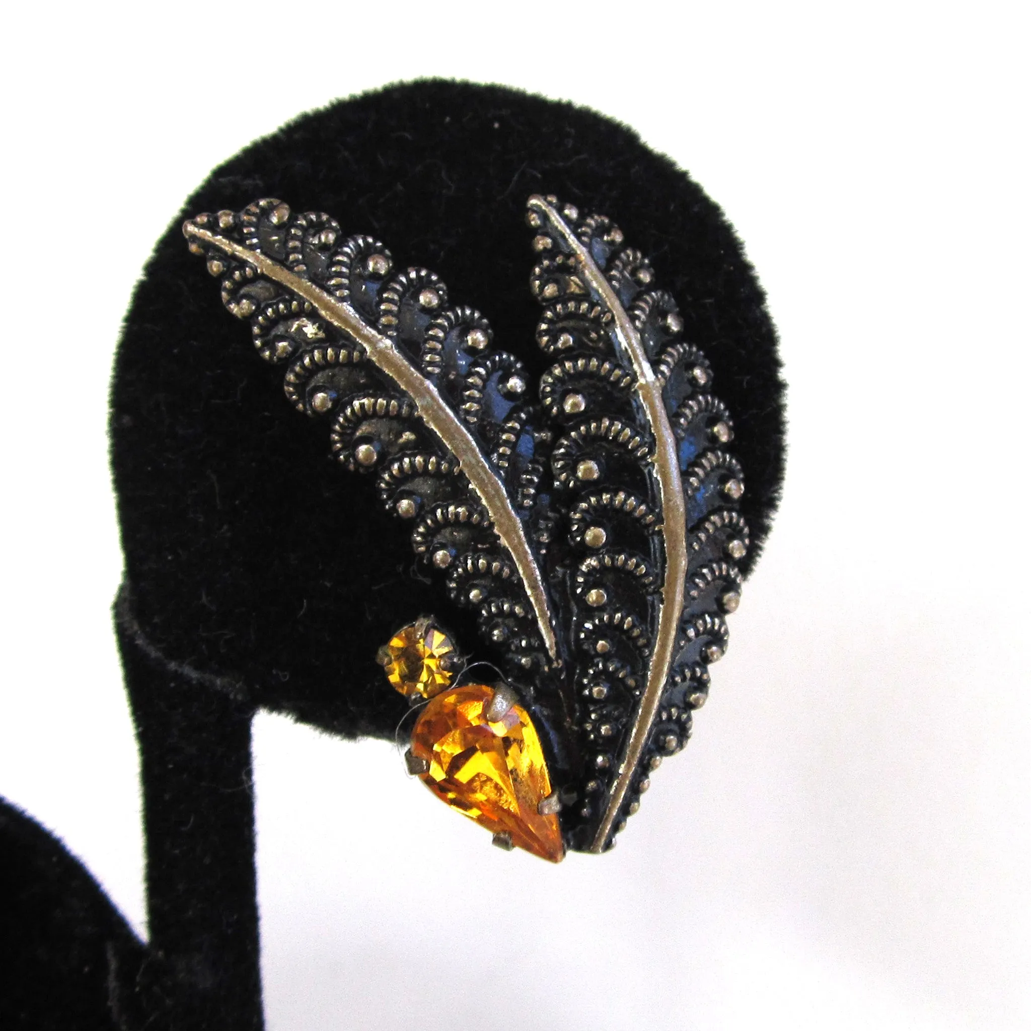 Circa 1970s Silver-tone Feather Earrings with Gold Rhinestones