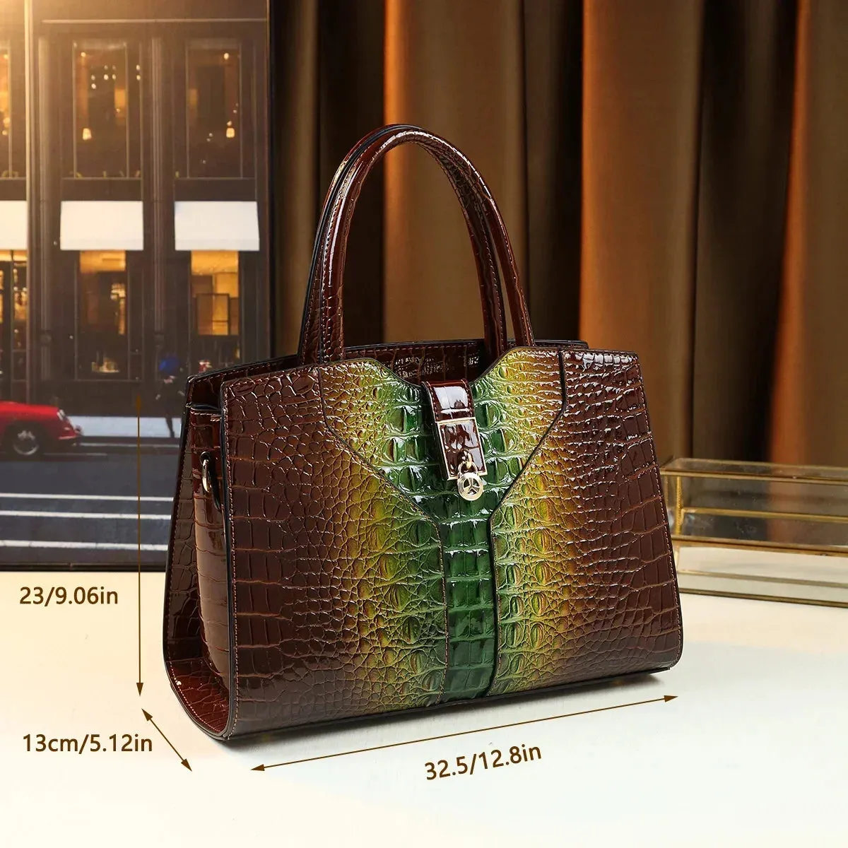 Crocodile Pattern Patent Leather Handbag