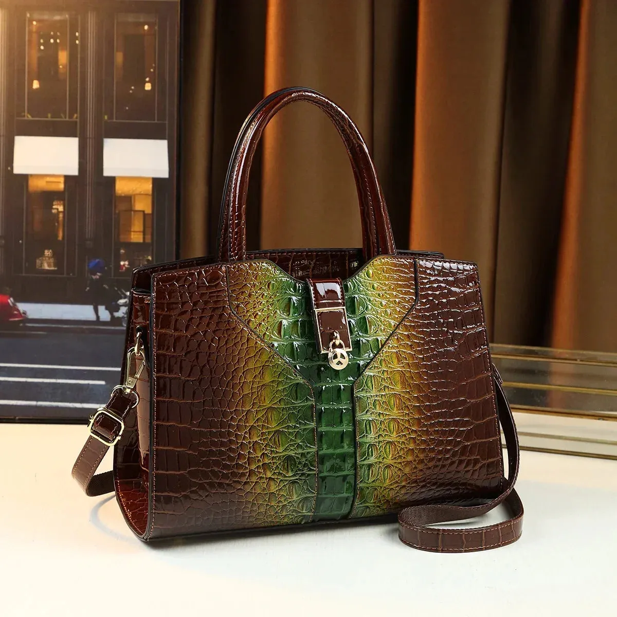 Crocodile Pattern Patent Leather Handbag