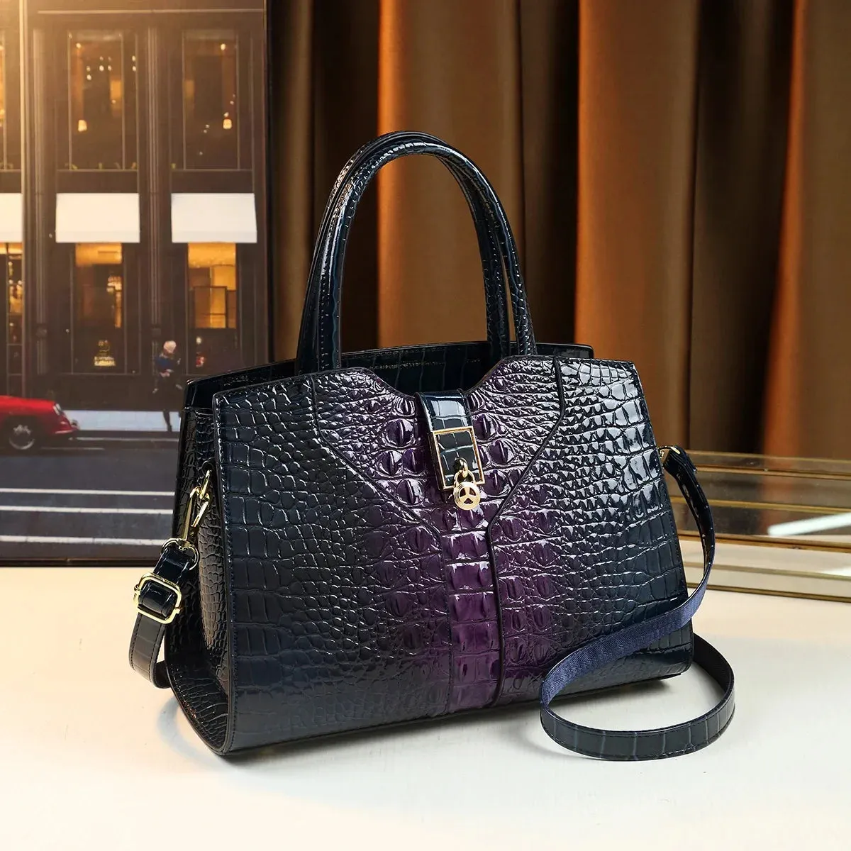 Crocodile Pattern Patent Leather Handbag