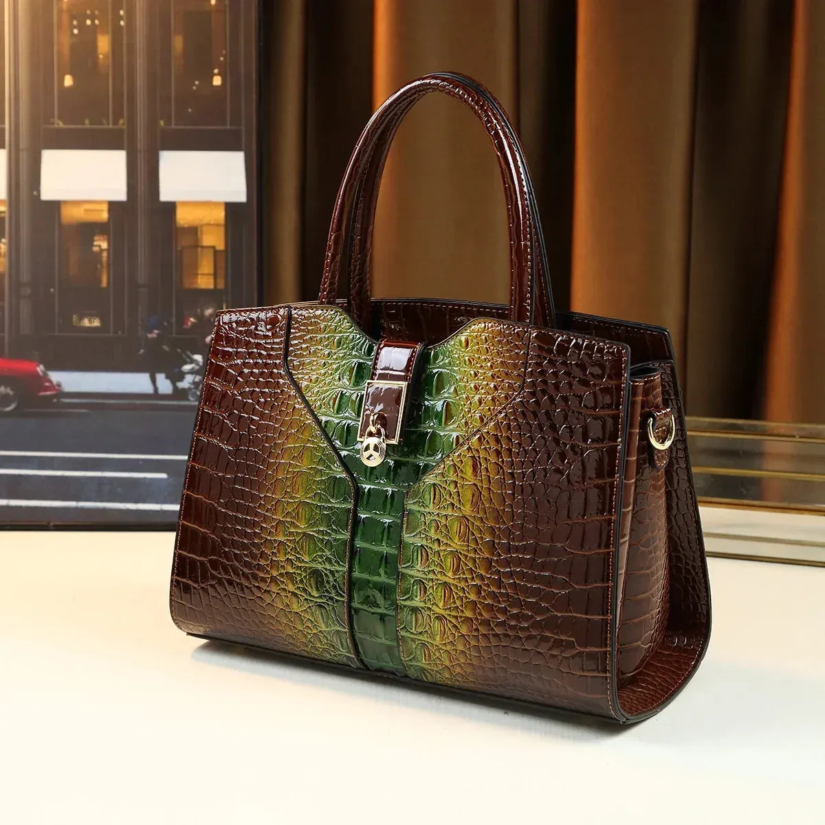 Crocodile Pattern Patent Leather Handbag