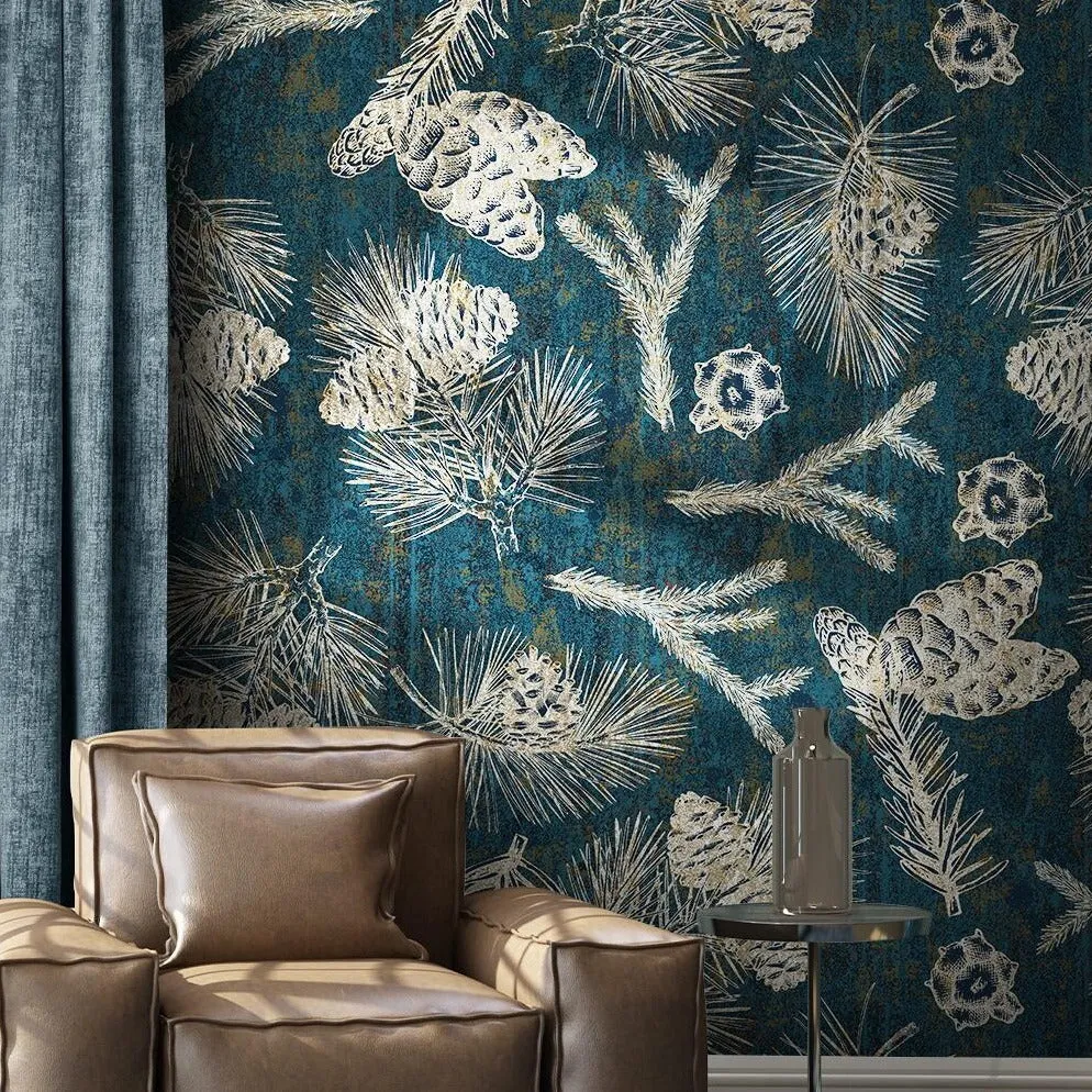 Custom Wallpaper Blue Mural Pine Cone (㎡)