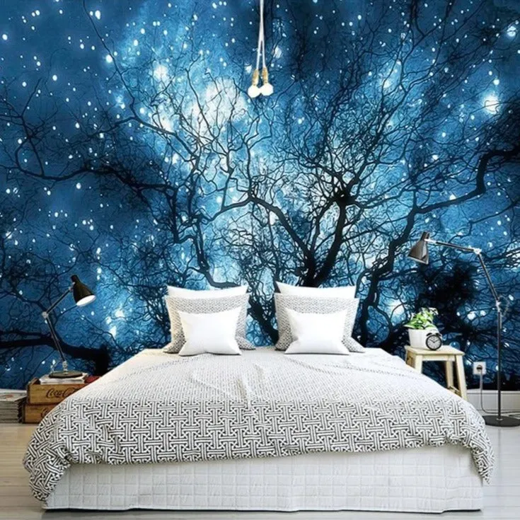 Custom Wallpaper Mural Blue Starry Sky Trees (㎡)