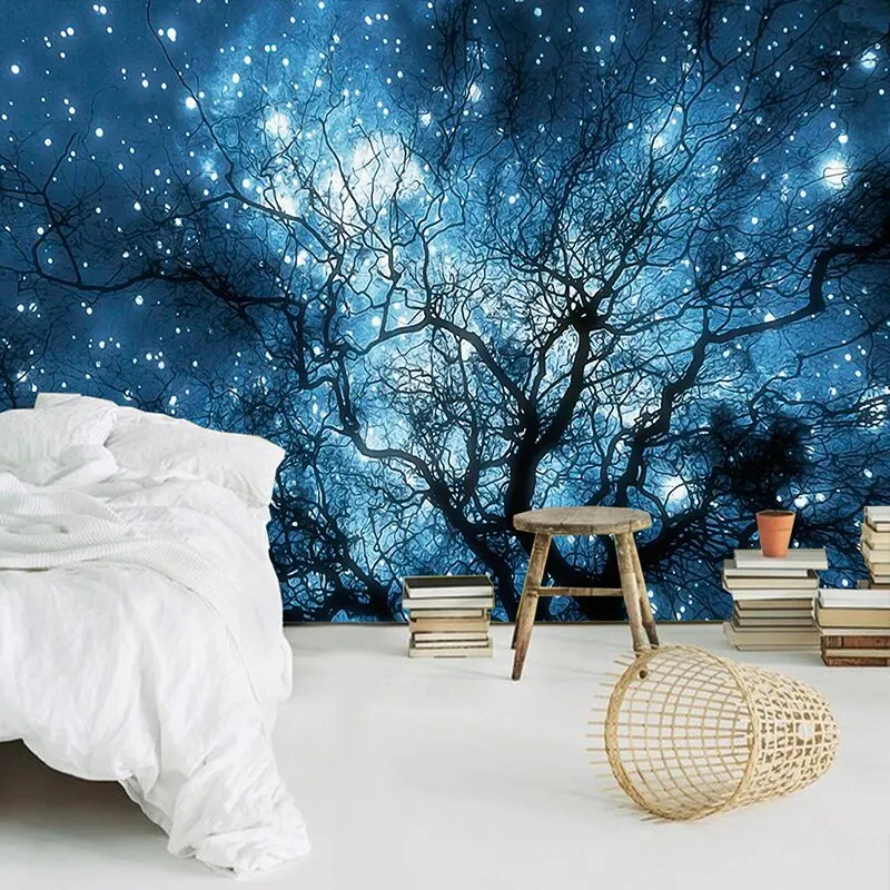 Custom Wallpaper Mural Blue Starry Sky Trees (㎡)