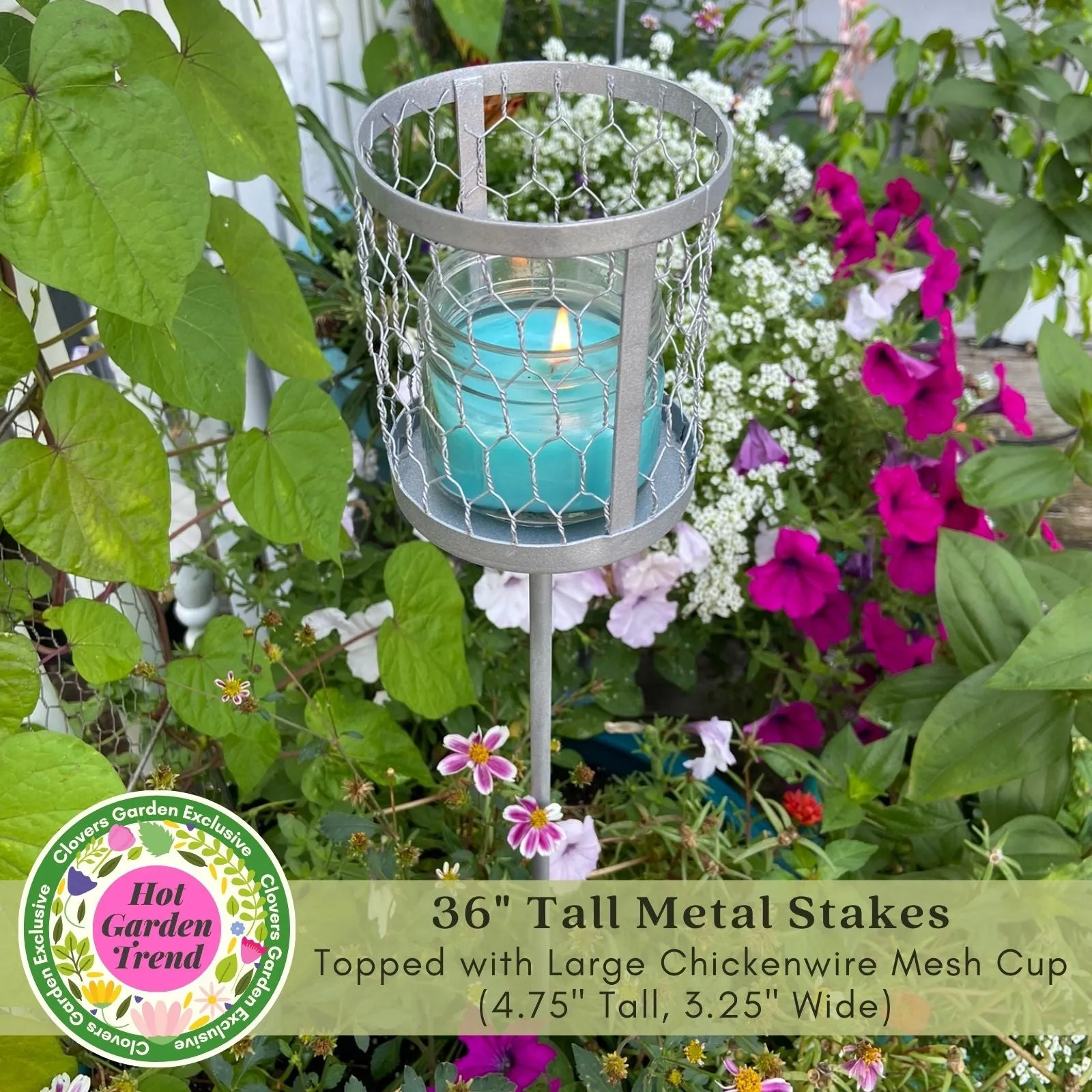 Decorative Outdoor Cup & Candle Holder Garden Silver Stakes | Set of 2, 36" Tall | Solid Metal, Fits Mason Jars, Farmhouse Look