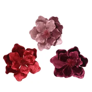 Decoris Clip-On Polyester Velvet Magnolia Flower with Glitter 26cm - 3 Assorted