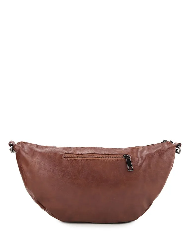 Distressed Leather Crescent Crossbody Bag - Camel