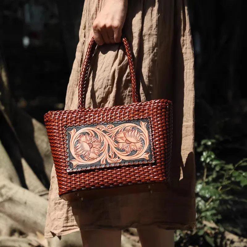 Ethnic Style Womens Woven Leather Tote Bag Brown Shoulder Bag