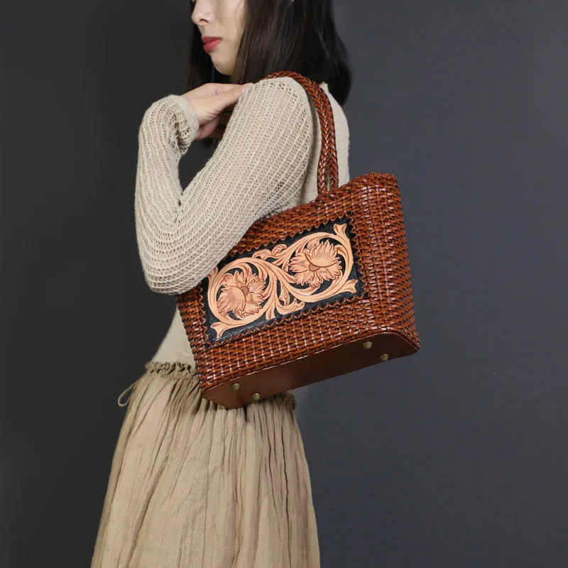 Ethnic Style Womens Woven Leather Tote Bag Brown Shoulder Bag