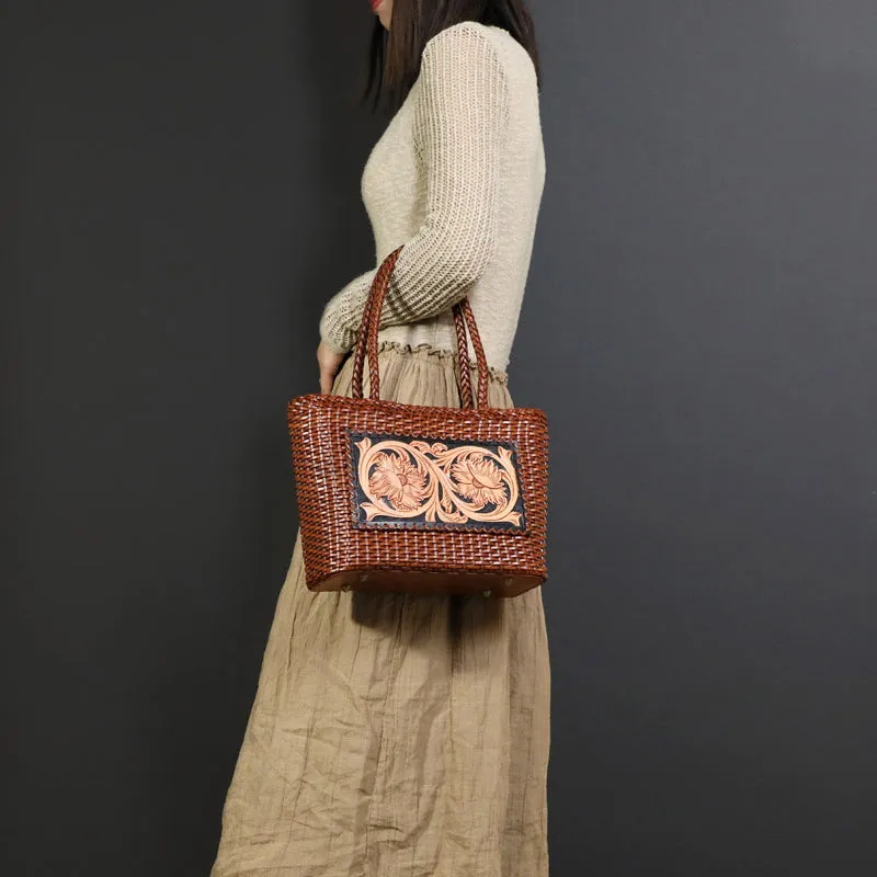 Ethnic Style Womens Woven Leather Tote Bag Brown Shoulder Bag