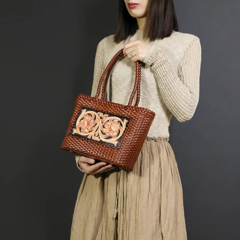 Ethnic Style Womens Woven Leather Tote Bag Brown Shoulder Bag