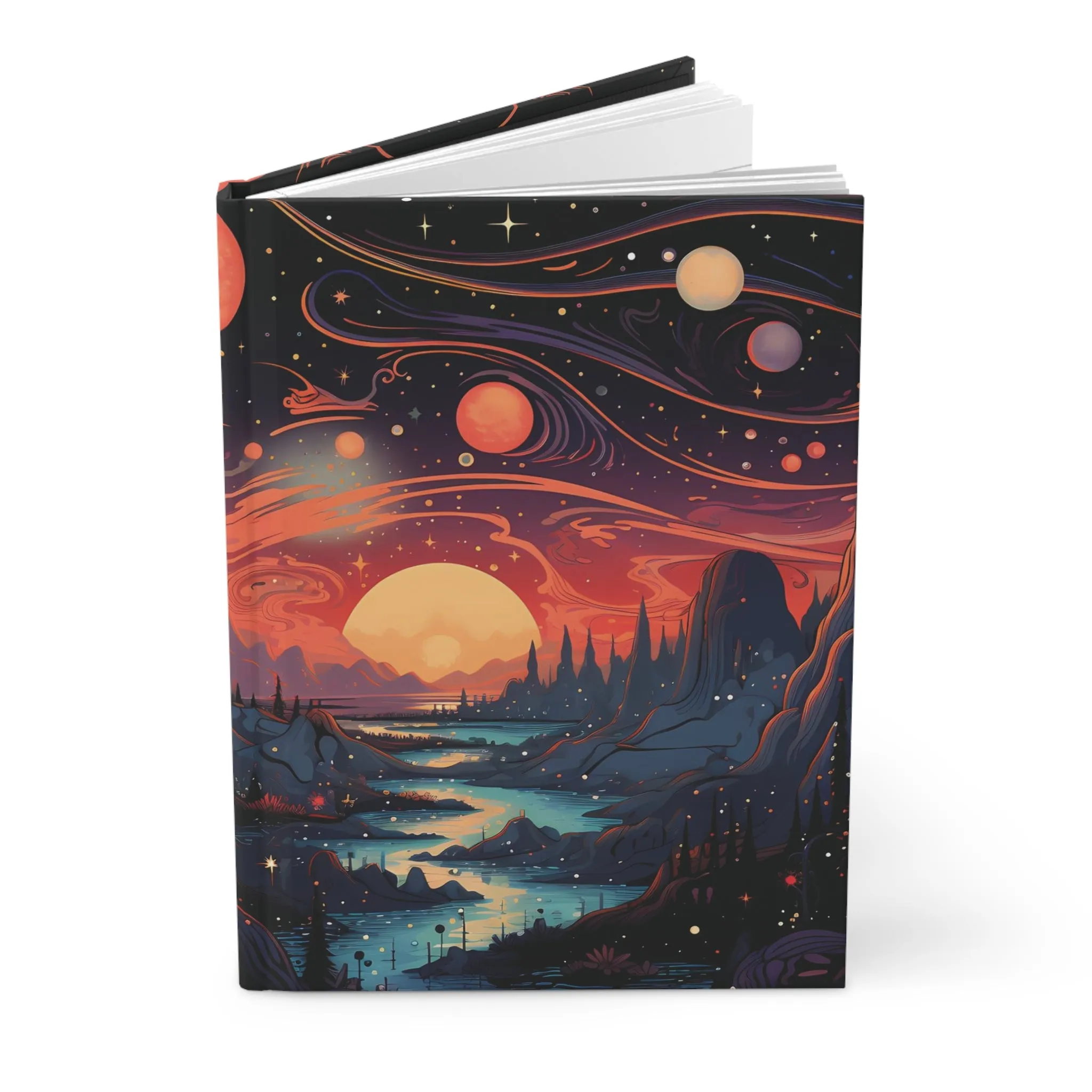 Fantasy Celestial Hardcover Journal | Serene Mountain and River Blank Book | Stars Space and Sunset Lined Notebook Aesthetic Diary Dream Log