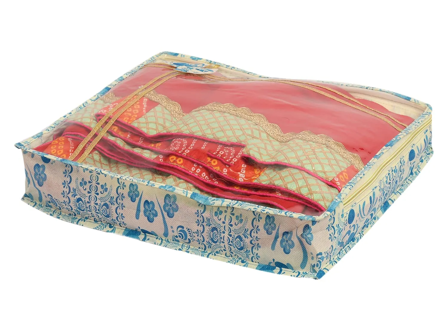 Heart Home Floral Print Non-Woven Saree cover For Store Saree, Lehenga, Suit With Transparent Top,Pack of 3 (Blue) 54HH4158.