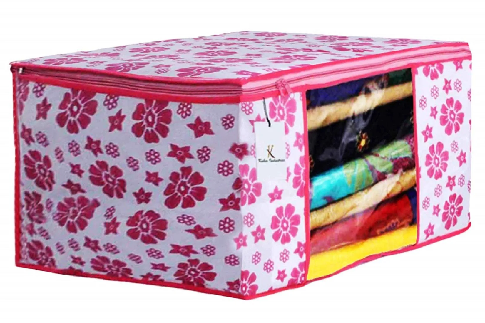 Heart Home Flower Design 2 Piece Non Woven Saree Cover And 2 Pieces Underbed Storage Bag, Storage Organiser, Blanket Cover, Pink & Blue - CTHH24218