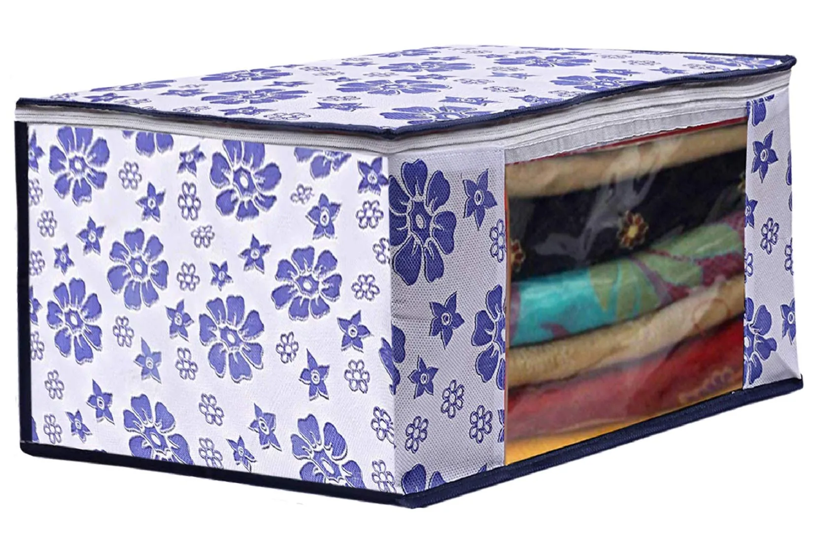 Heart Home Flower Design 2 Piece Non Woven Saree Cover And 2 Pieces Underbed Storage Bag, Storage Organiser, Blanket Cover, Pink & Blue - CTHH24218