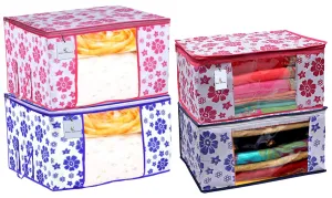 Heart Home Flower Design 2 Piece Non Woven Saree Cover And 2 Pieces Underbed Storage Bag, Storage Organiser, Blanket Cover, Pink & Blue - CTHH24218