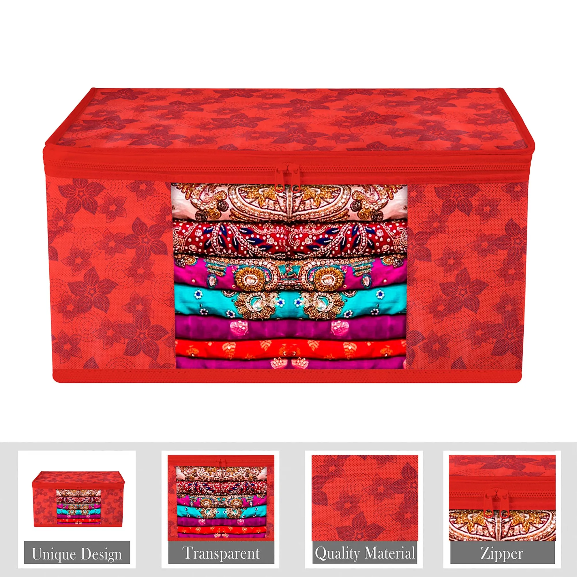 Heart Home Saree Cover & Underbed Stoarge Bag Set | 2 Pieces Saree & 2 Pieces Underbed Storage Bag Combo Set | Zipper Closure & Handle | Flower-Design | Set of 4 | Red