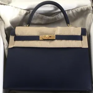 Hermès Kelly 32 Bleu Saphir Sellier Epsom Gold Hardware GHW