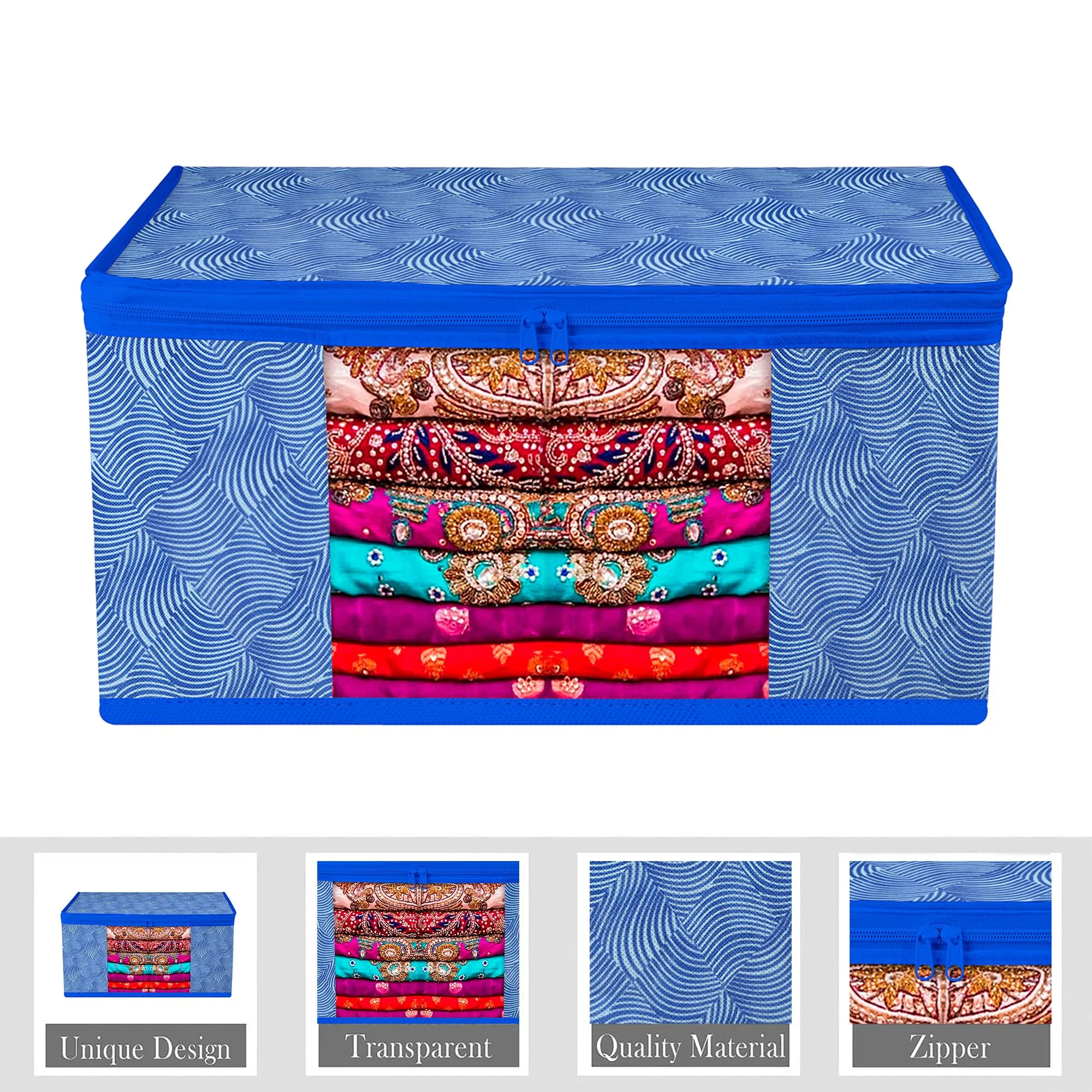 Kuber Industries Saree Cover & Underbed Stoarge Bag Set | 2 Pieces Saree & 2 Pieces Underbed Storage Bag Combo Set | Zipper Closure & Handle | Lahariya-Design | Set of 4 | Blue