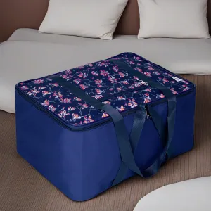 Kuber Industries Storage Bag | Clothes Storage Attachi Bag | Underbed Storage Bag | Zipper Storage Bag | Wardrobe Organizer with Handle | Travel Attachi Bag | Flower-Print | Large | Navy Blue