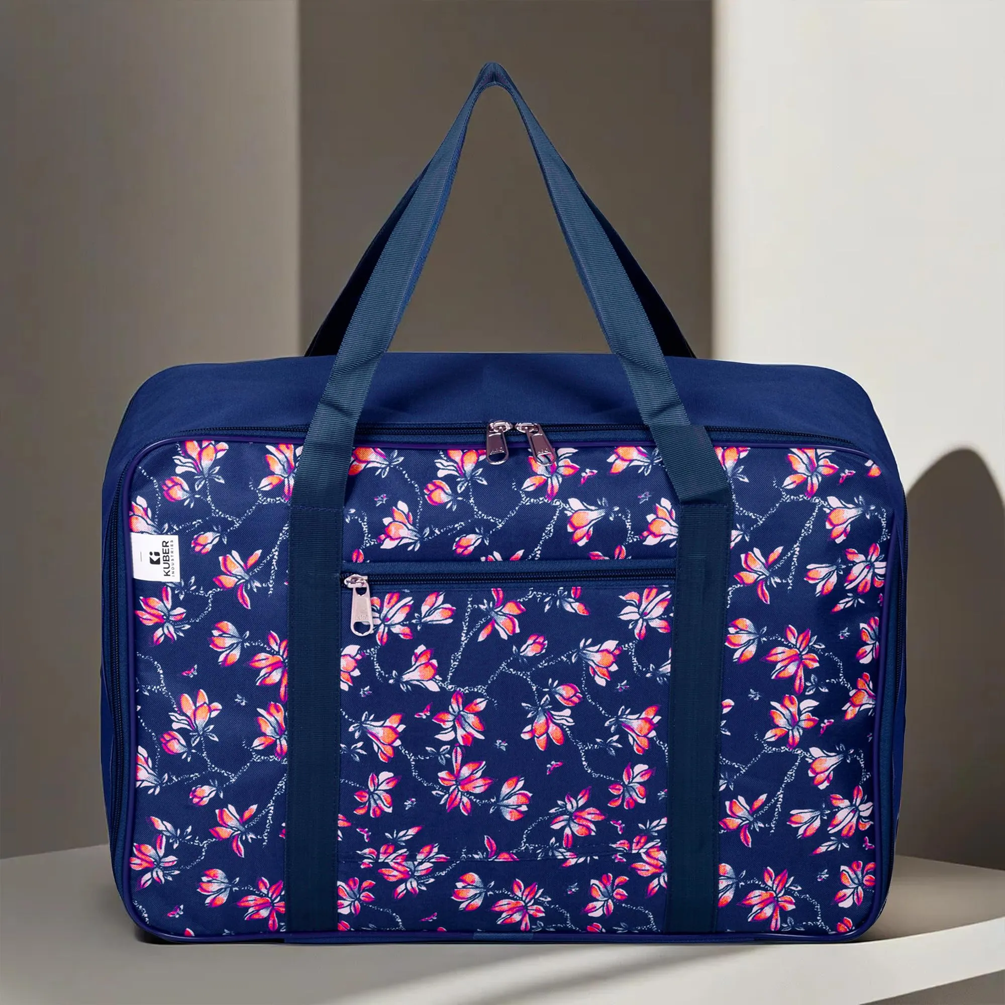 Kuber Industries Storage Bag | Clothes Storage Attachi Bag | Underbed Storage Bag | Zipper Storage Bag | Wardrobe Organizer with Handle | Travel Attachi Bag | Flower-Print | Large | Navy Blue