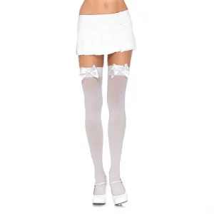 Leg Avenue Satin Bow Opaque Thigh Highs - Queen Size - White