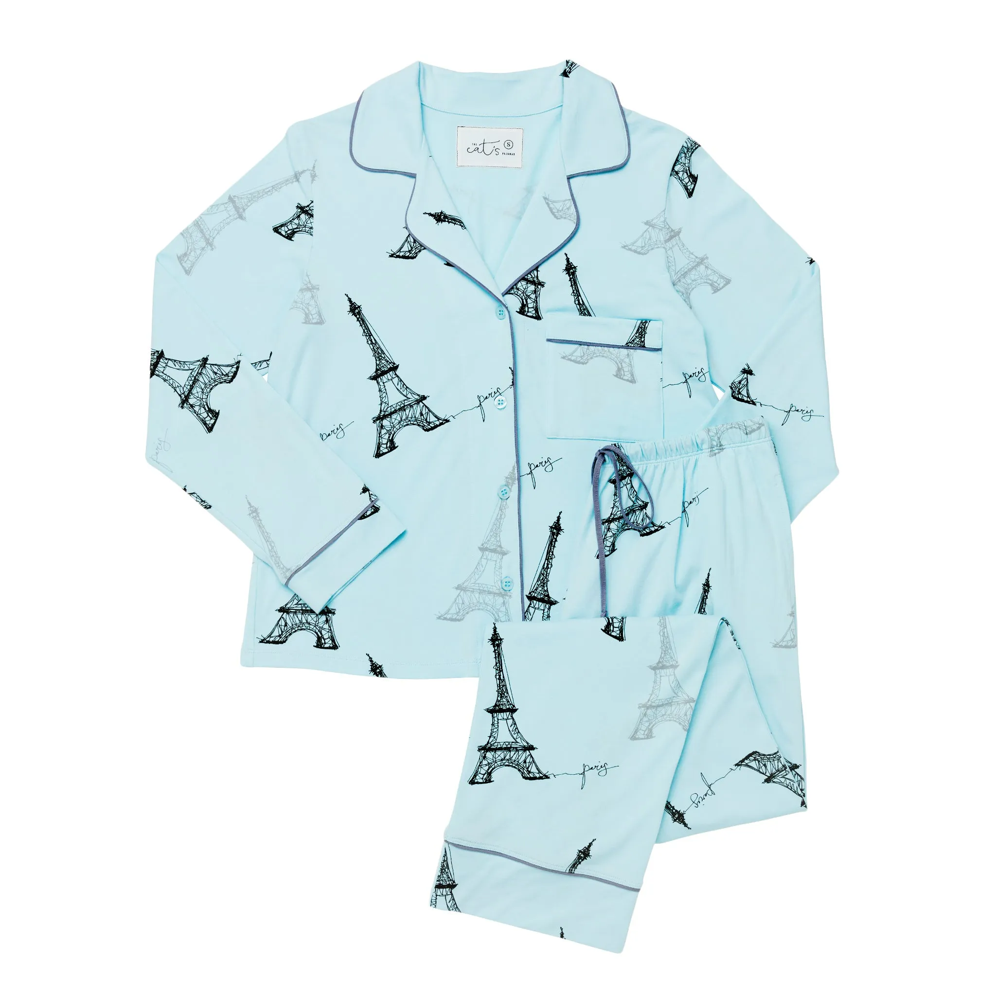 Long Sleeve Classic Knit Pajama Set - Tiffany Blue Eiffel Tower Print