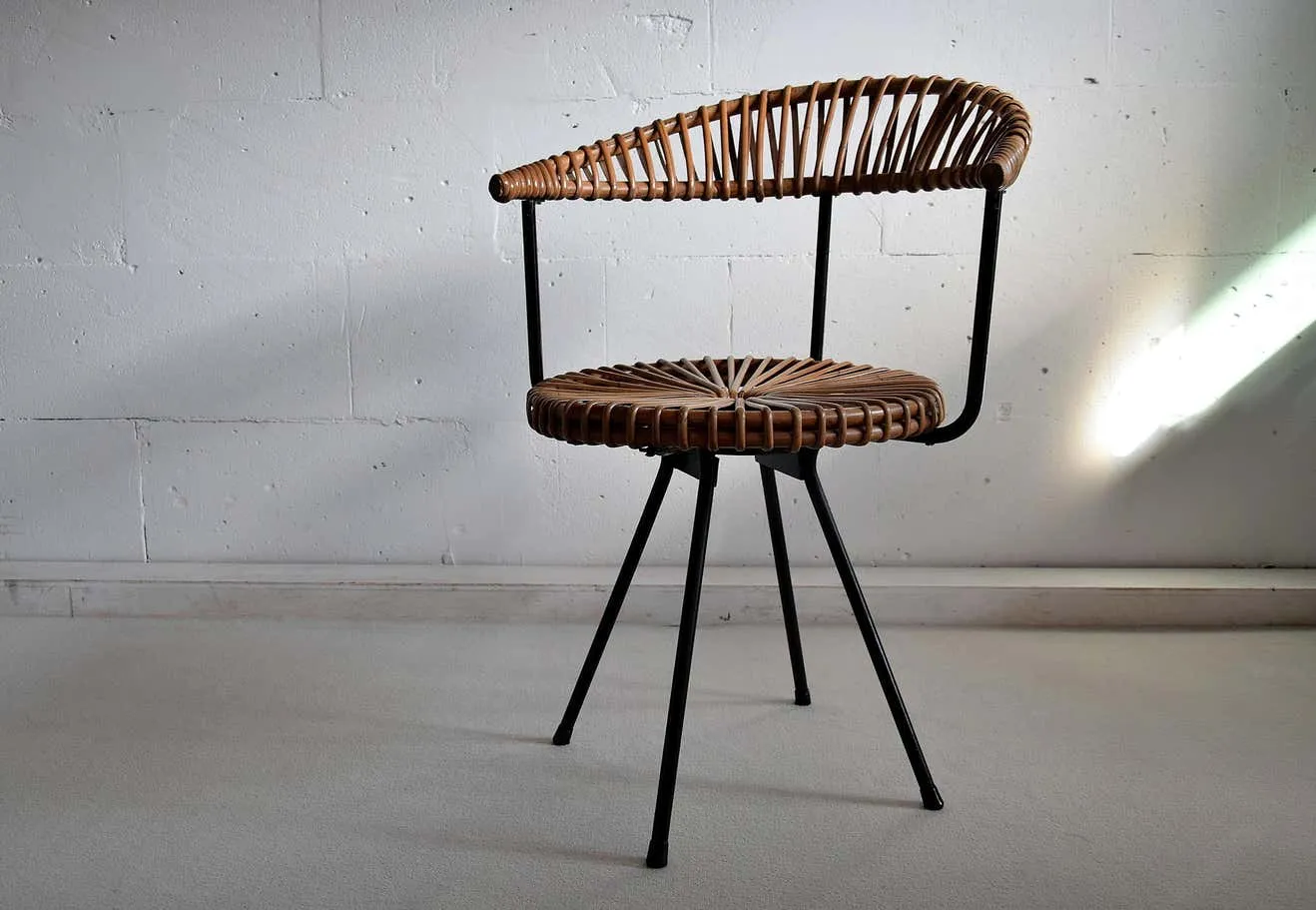 Mid Century Rattan and Black Iron Chair by Dirk van Sliedregt