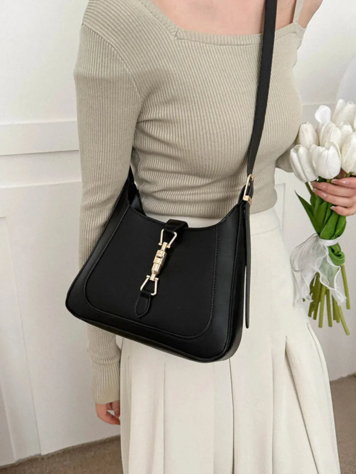 Minimalist Faux Leather Saddle Shoulder Bag