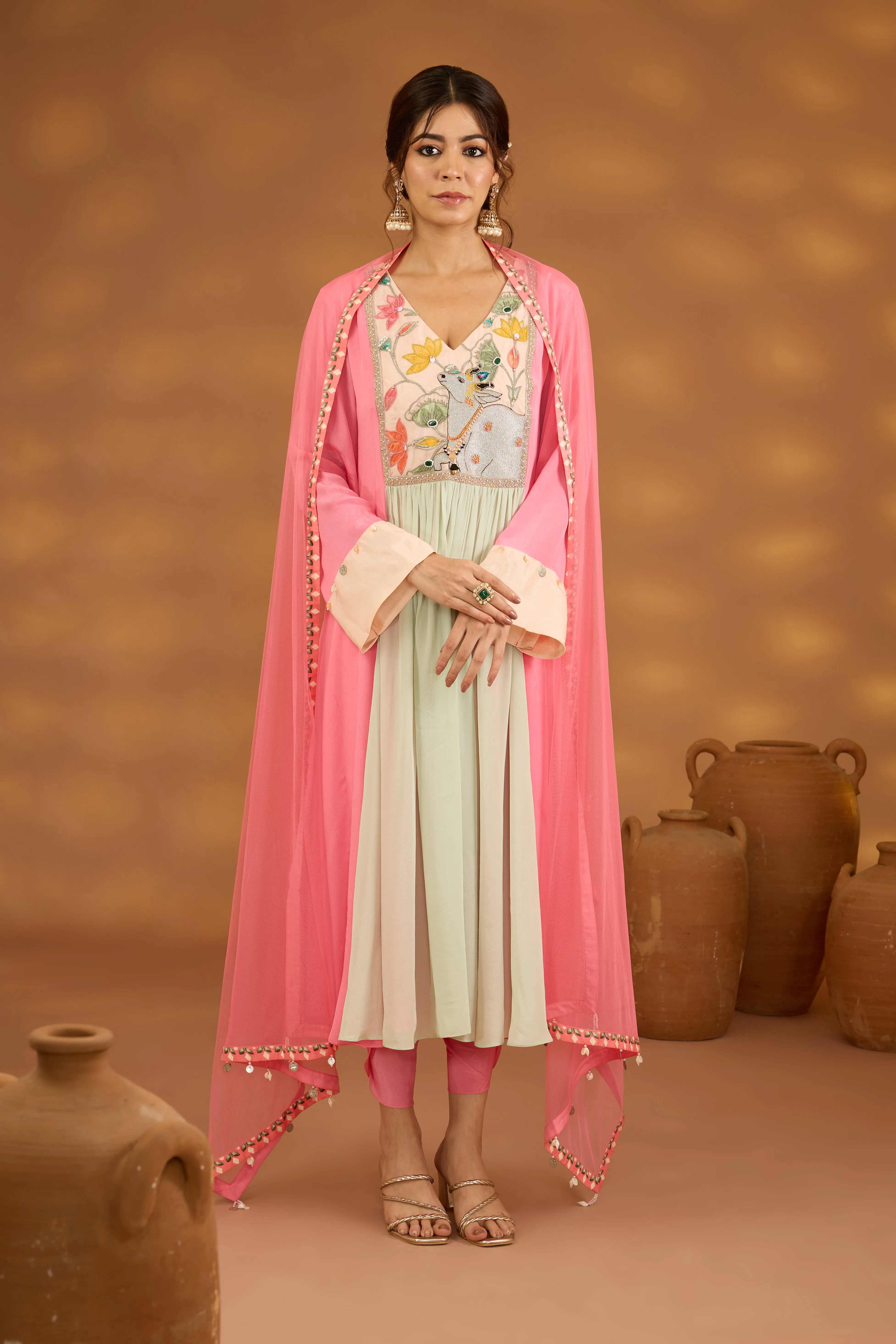 pink and aqua colorblock embroidered kurta set