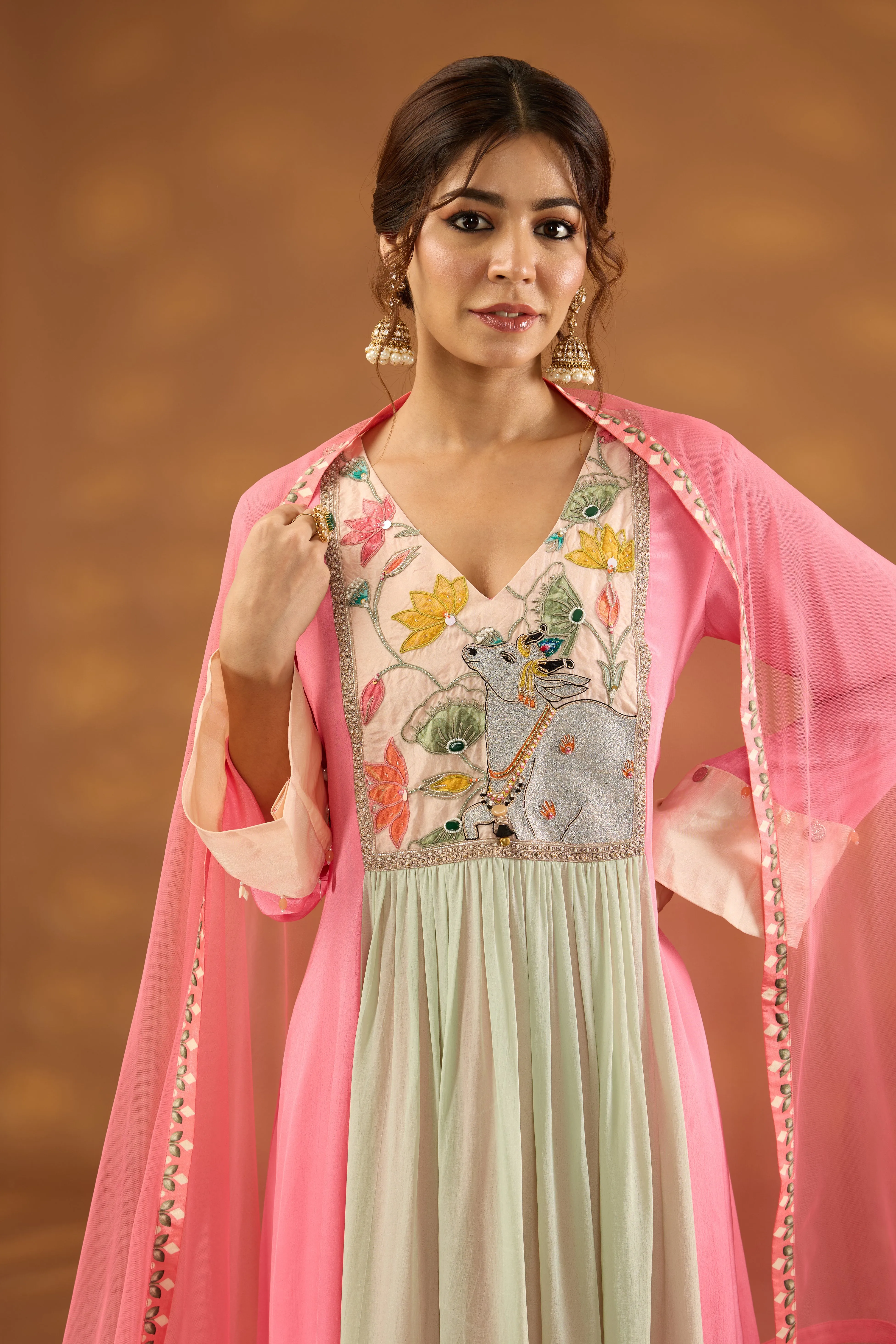 pink and aqua colorblock embroidered kurta set