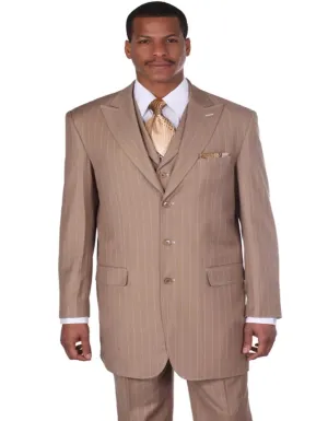 Pleated Dress Men Suits - Mens Vintage Vested Gangster Bold Pinstripe Tan Fashion Suit