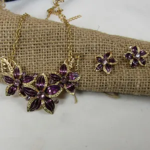 Purple & Gold Flower Necklace  & Earrings